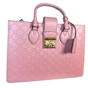 Authentic Gucci Pink Embossed Leather Padlock Large Top Handle Tote